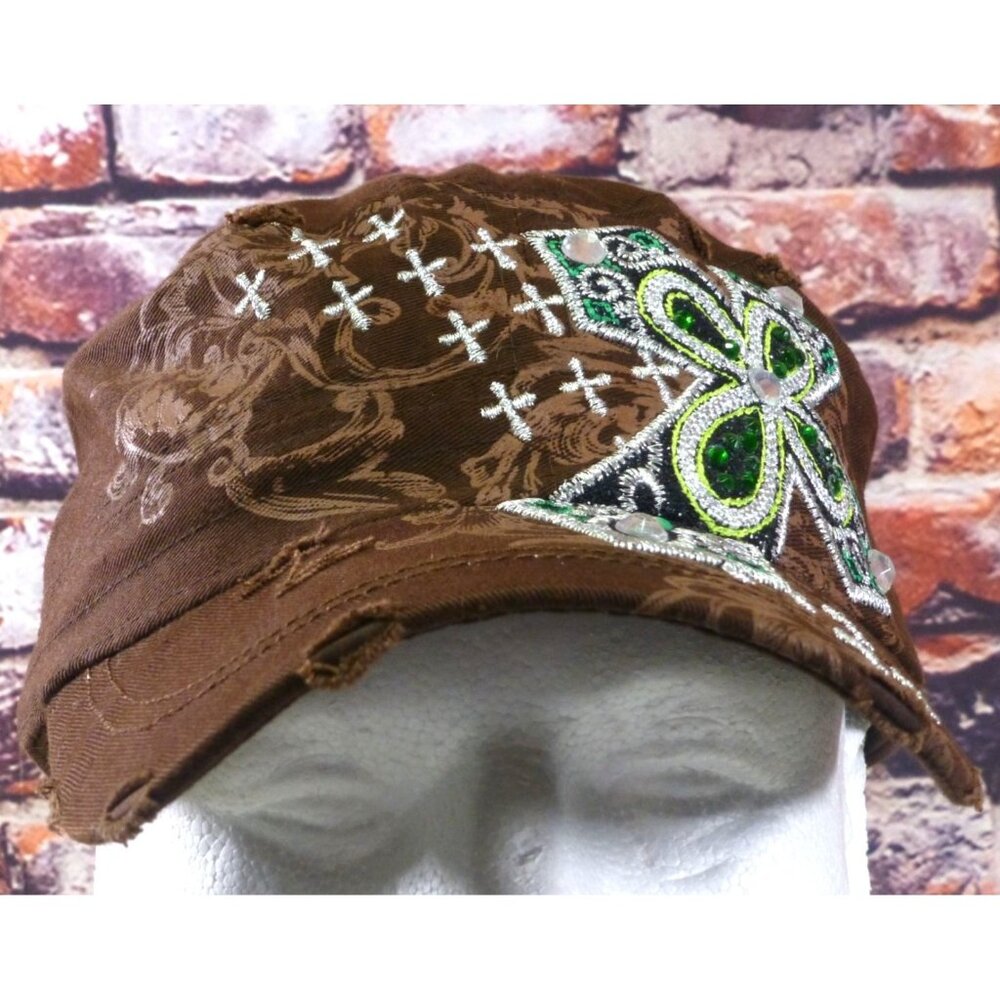 Brown Distressed Military Style Cap W/ Green Rhinestone Cross Embroidery Leader